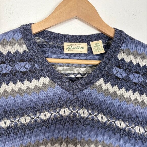 St. John's Bay Vintage Cotton Fair Isle Blue V-neck Sweater Vest Size: Large - Picture 4 of 8